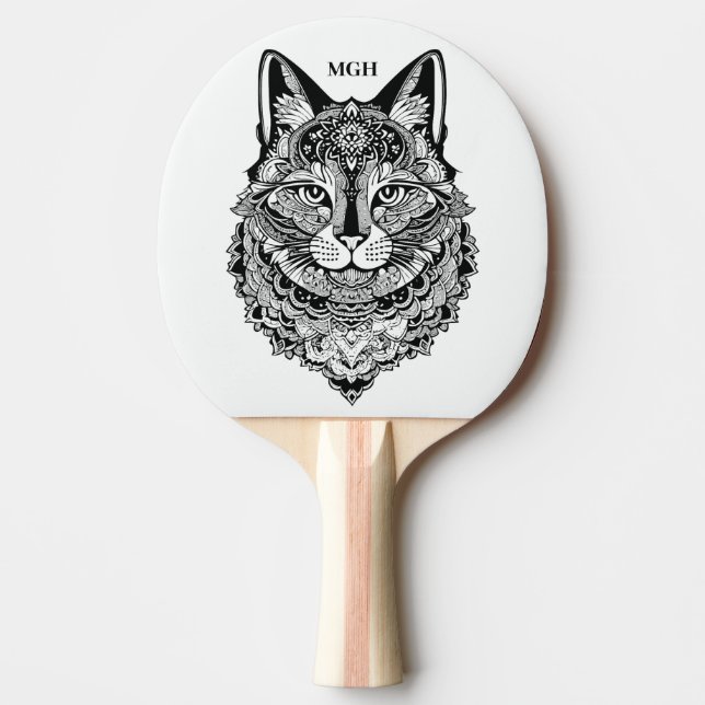 Custom Monogram Ornamental Cat Ping Pong Paddle (Front)