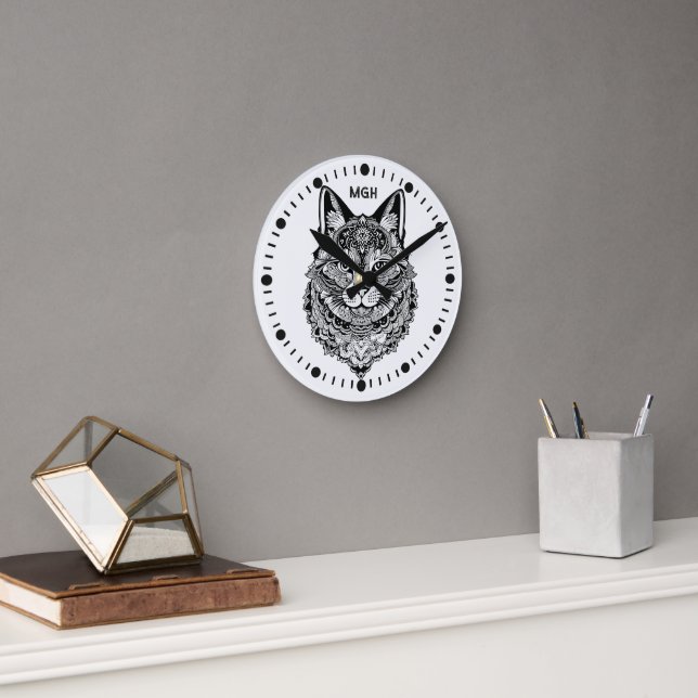 Custom Monogram Ornamental Cat Round Clock (Office)