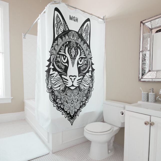 Custom Monogram Ornamental Cat Shower Curtain (In Situ)