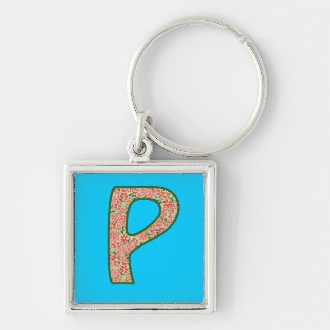Custom Monogram P Keychain, Ditsy Floral Pattern Key Ring (Front)