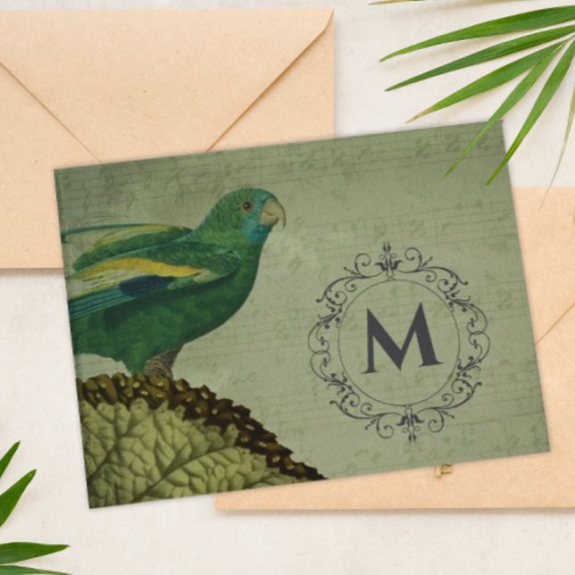 Custom Monogram Parrot Note Card (Vintage Monogrammed Parrot Note Card)