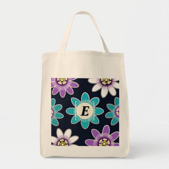 Custom Monogram Passion Flower Floral Grocery Bag (Front)