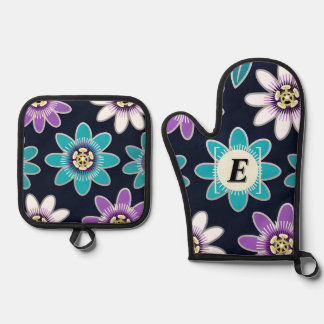 Custom Monogram Passion Flower Floral Oven Mitt & Pot Holder Set