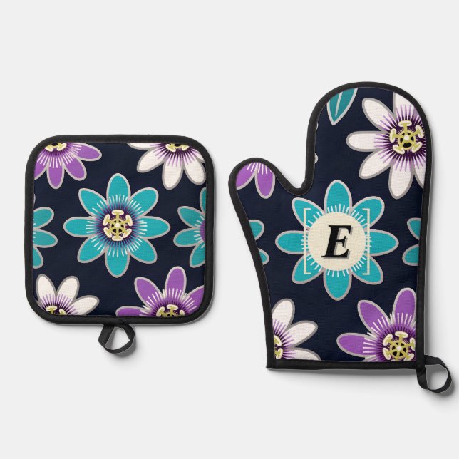 Custom Monogram Passion Flower Floral Oven Mitt & Pot Holder Set (Front)