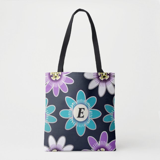 Custom Monogram Passion Flower Floral Shoulder Tote Bag (Front)