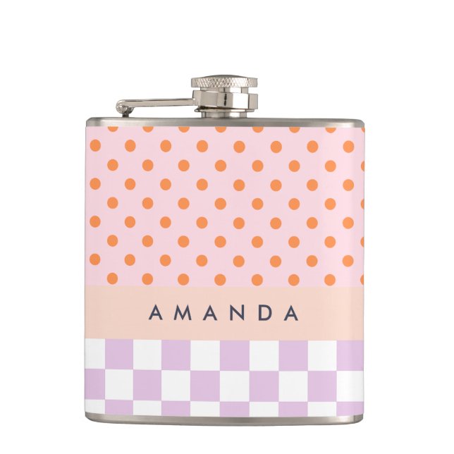 Custom Monogram Pastel Polka Dot Lilac Check Gifts Hip Flask (Front)