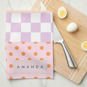 Custom Monogram Pastel Polka Dot Lilac Check Gifts Tea Towel