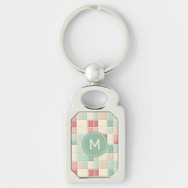 Custom Monogram Pastels Pattern Faux Ceramic Tiles Key Ring (Front)