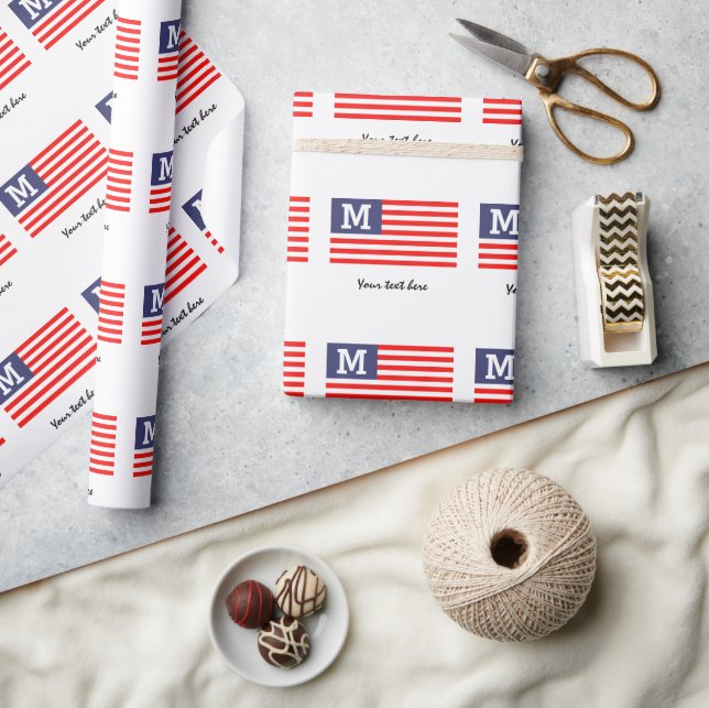 Custom monogram patriotic American US flag Holiday Wrapping Paper (Crafts)