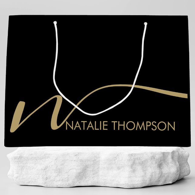 Custom Monogram Personalised With Name Cool Black Large Gift Bag (Creator Uploaded)