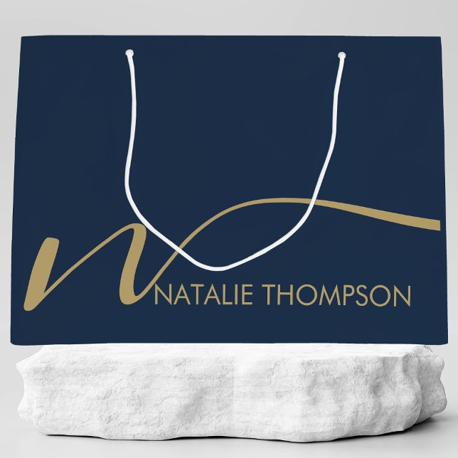 Custom Monogram Personalised With Name Cool Blue Large Gift Bag (Creator Uploaded)
