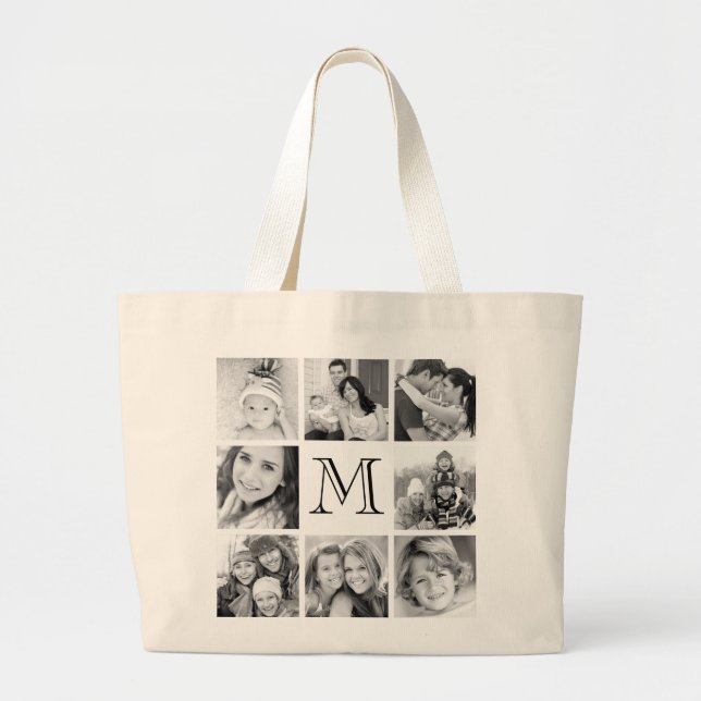 Custom Monogram Photo Collage Large Tote Bag (Front)