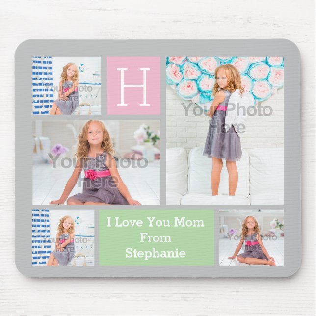 Custom Monogram Photo Collage Pink/Green/Grey Mouse Pad (Front)