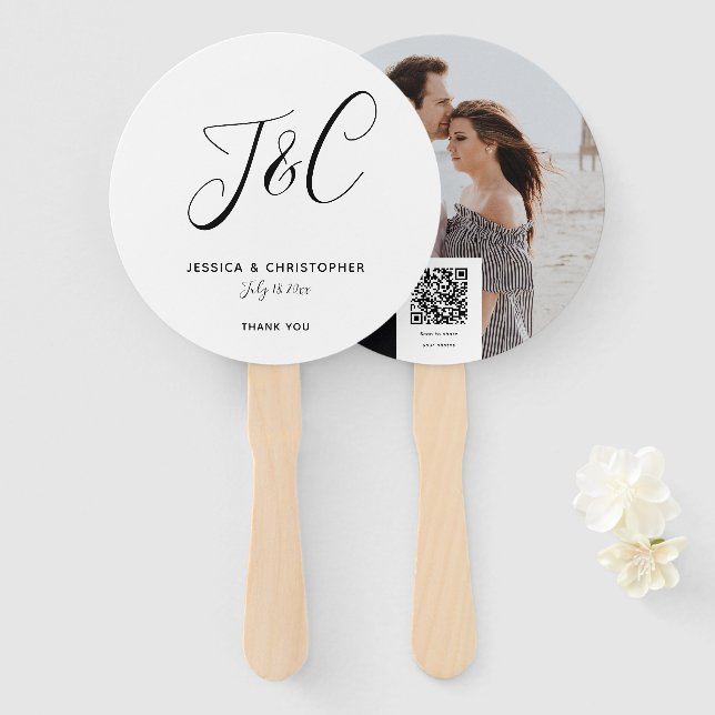 Custom Monogram Photo QR Wedding Elegant Script Hand Fan (Front and Back)