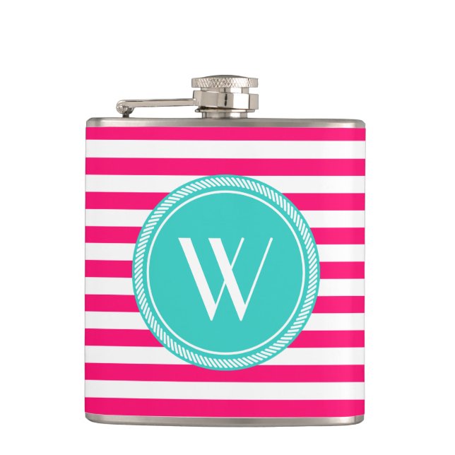 Custom Monogram Pink and Teal Striped Hip Flask (Front)
