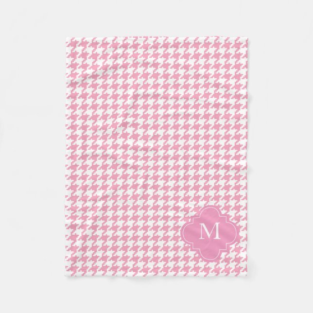 Custom Monogram Pink and White Houndstooth Pattern Fleece Blanket (Front)