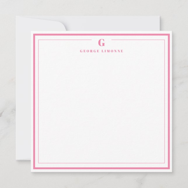 Custom Monogram Pink Border Stationery  Card (Front)