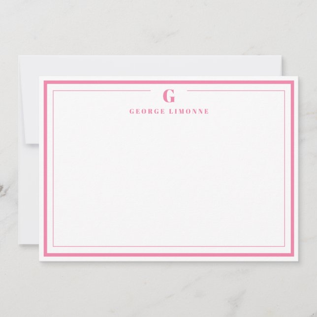 Custom Monogram Pink Border Stationery  Card (Front)