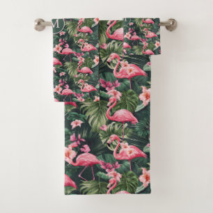 Custom Monogram Pink Flamingos Tropical Pattern Bath Towel Set