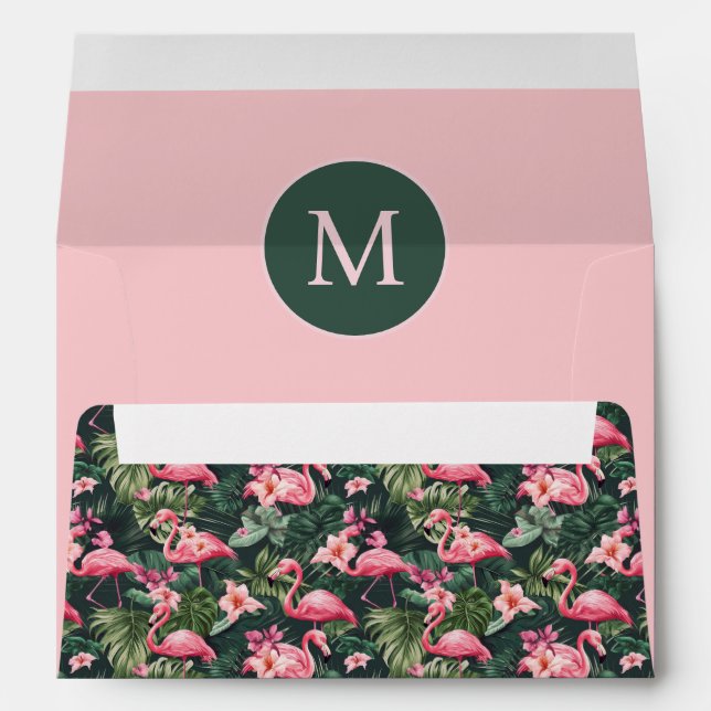 Custom Monogram Pink Flamingos Tropical Pattern Envelope (Back (Bottom))