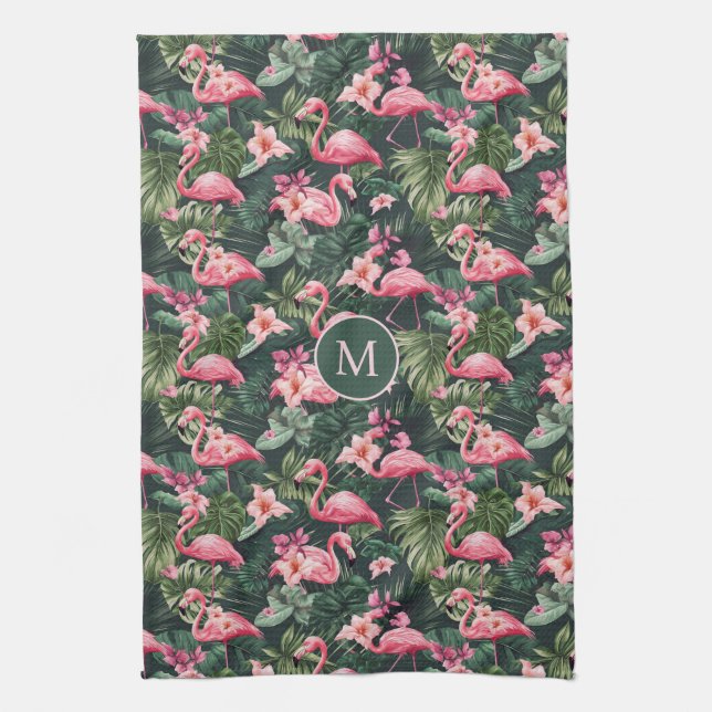 Custom Monogram Pink Flamingos Tropical Pattern Tea Towel (Vertical)