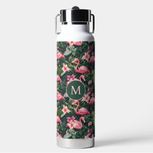 Custom Monogram Pink Flamingos Tropical Pattern Water Bottle