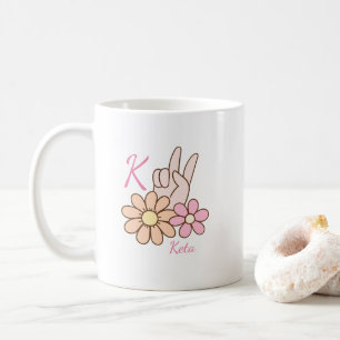 Custom Monogram Pink Floral Peace Sign Coffee Mug
