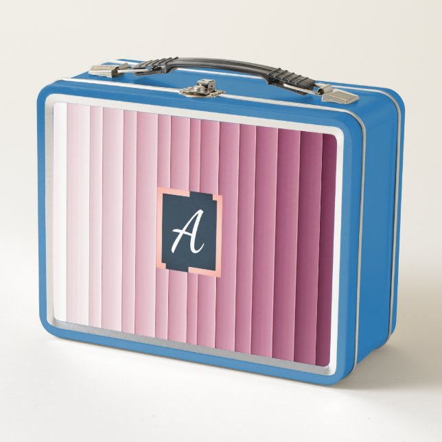 Custom Monogram Pink Gradient Vertical  Metal Lunch Box (Front)