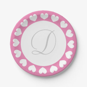 Custom monogram pink hearts paper party plates