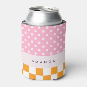 Custom Monogram Pink Orange Polka Dot Check Can Cooler
