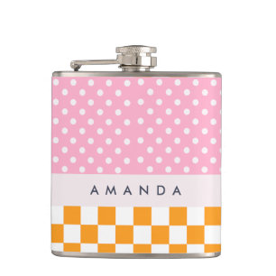 Custom Monogram Pink Orange Polka Dot Check Hip Flask