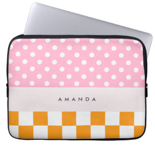 Custom Monogram Pink Orange Polka Dot Check Laptop Sleeve