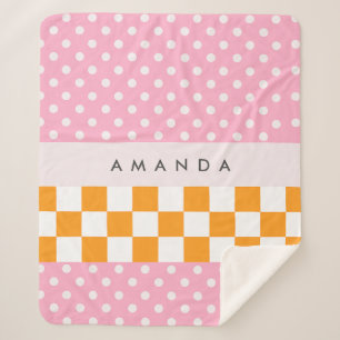 Custom Monogram Pink Orange Polka Dot Check Sherpa Blanket