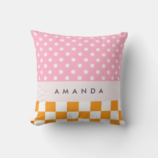 Custom Monogram Pink Orange Polka Dot Check Throw Cushion (Front)