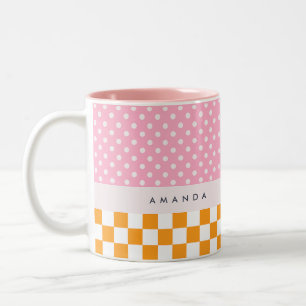 Custom Monogram Pink Orange Polka Dot Check Two-Tone Coffee Mug