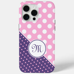 Custom Monogram, Pink, Purple And White Polka Dots iPhone 15 Pro Max Case