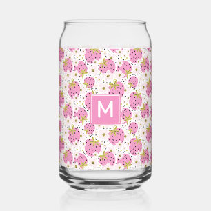 Custom Monogram Pink Strawberries Pattern Can Glass