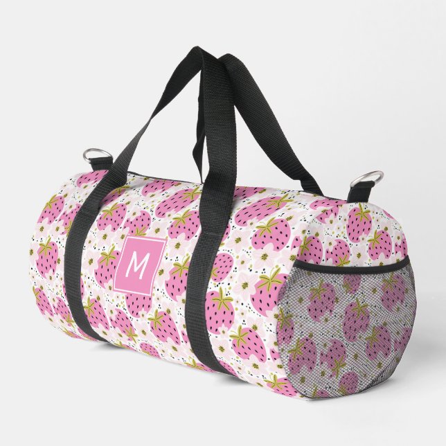 Custom Monogram Pink Strawberries Pattern Duffle Bag (Right Corner)