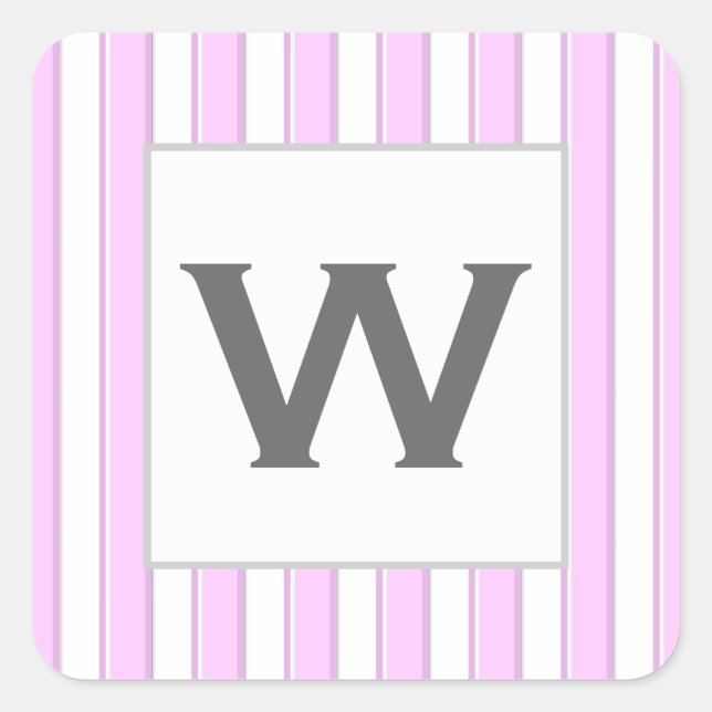 Custom Monogram Pink Stripes on White Square Sticker (Front)