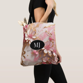 Custom Monogram Pink White Gold Floral Tote Bag