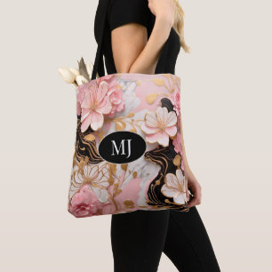 Custom Monogram Pink White Gold Floral Tote Bag
