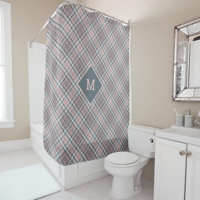 Custom Monogram Plaid / Tartan Pattern Shower Curtain (In Situ)