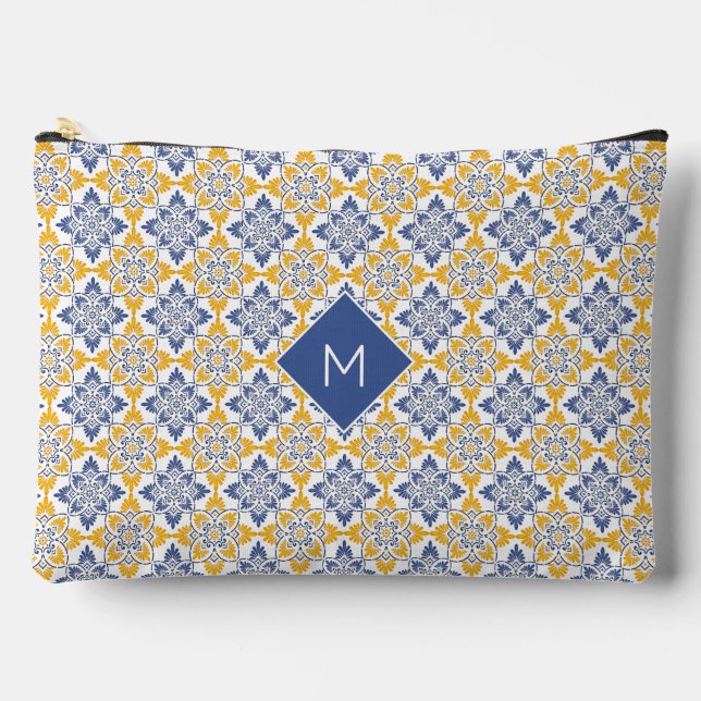 Custom Monogram Portugese Tiles Pattern Accessory Pouch (Front)