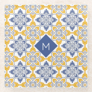 Custom Monogram Portugese Tiles Pattern Glass Coaster