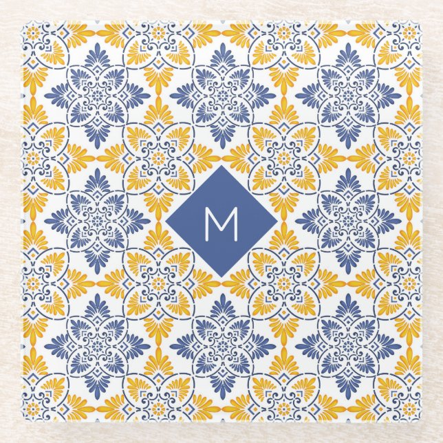 Custom Monogram Portugese Tiles Pattern Glass Coaster (Front)