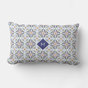 Custom Monogram Portugese Tiles Pattern Lumbar Cushion