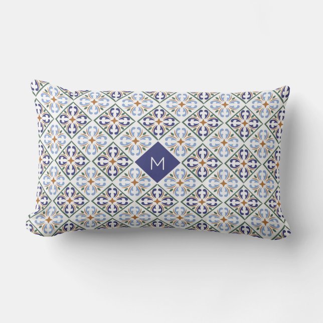 Custom Monogram Portugese Tiles Pattern Lumbar Cushion (Front)