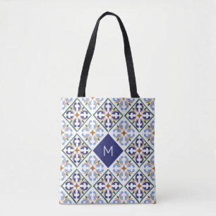Custom Monogram Portugese Tiles Pattern Tote Bag
