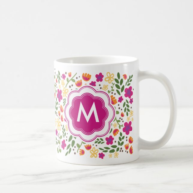 Custom Monogram Pretty Colourful Girly Floral Mug (Right)