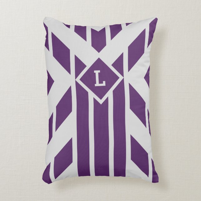 Custom Monogram Purple Geometric Stripes on Grey Decorative Cushion (Front(Vertical))